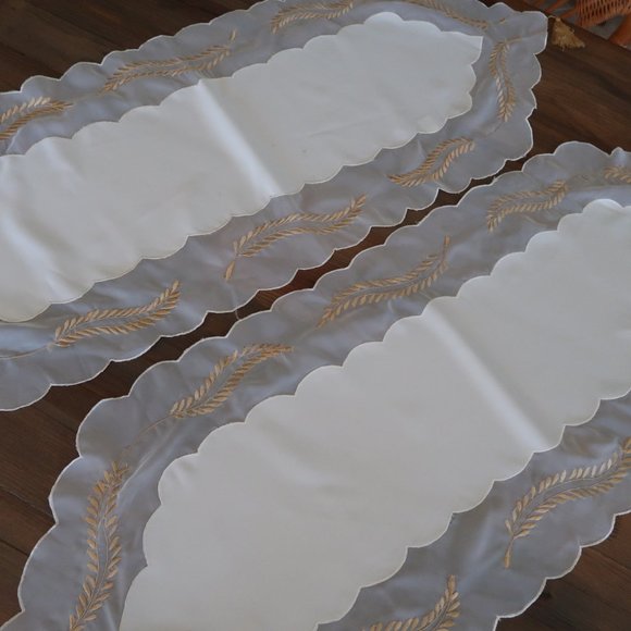 2 Vintage Embroidered Sheer and Tasseled Table Runners Dresser Scarfs - Picture 1 of 8